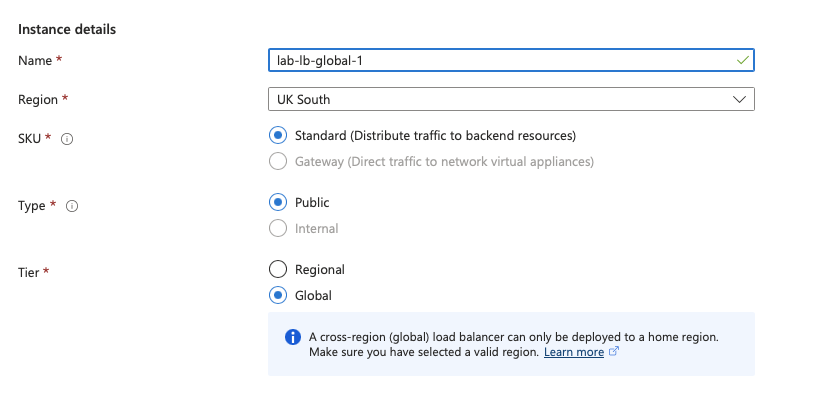 Image of the Global Load Balancer creation screen