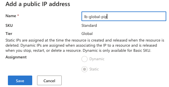 Image of the global public IP address creation screen