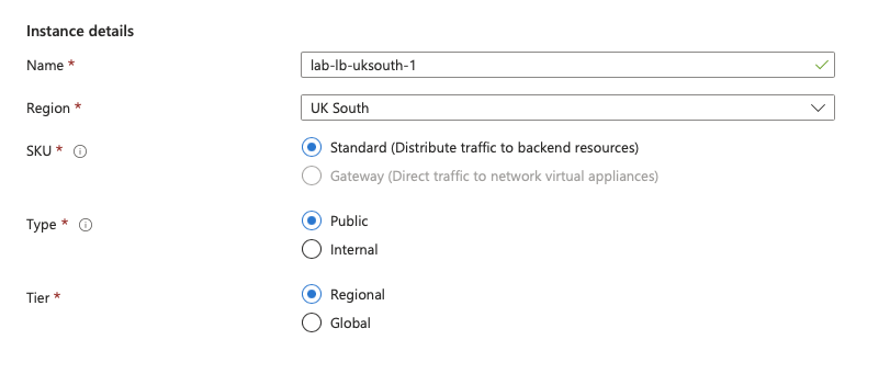 Image of the Load Balancer creation screen