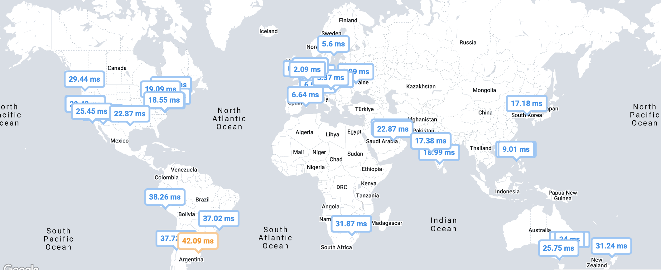 Latency to East Asia and UK South regions from various locations