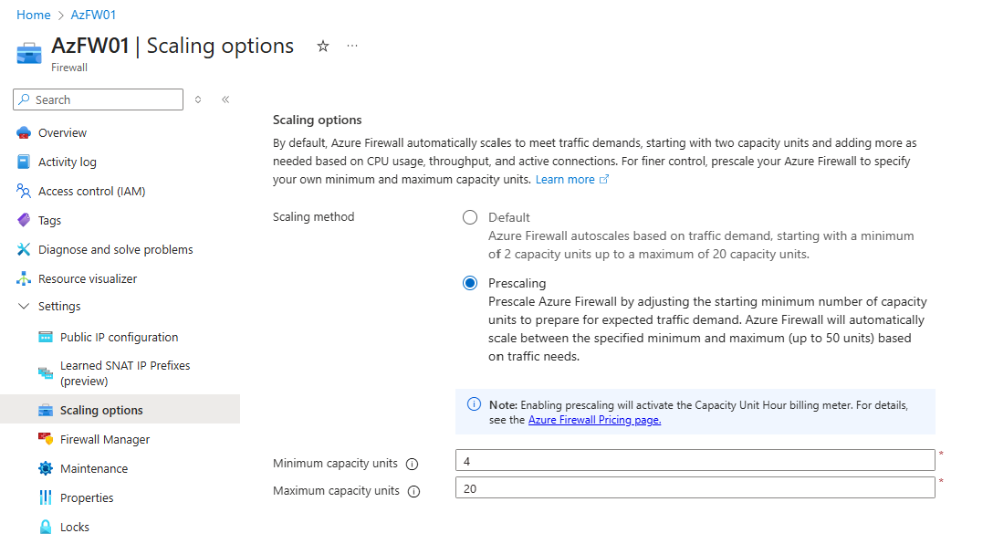 Azure Firewall Prescaling in the Azure Portal